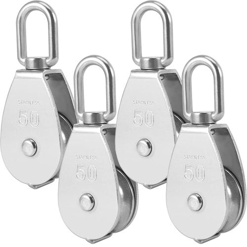 ZOENHOU 4 PCS M50 Loading 881Lbs / 400Kg Single Pulley Block, 304 Stainless Steel Single Pulley Roller with Rotatable 360°Pulley and Rings, Heavy Duty and Smooth Rope Pulley Block for Rope Lifting