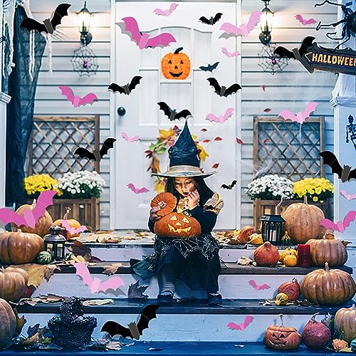 Pink Halloween Bat Wall Decor - 48pcs Waterproof Pastel Bats for Indoor Outdoor Halloween Party