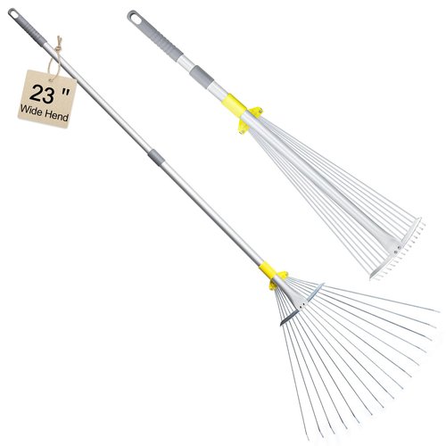 JARDINEER Adjustable Rakes for Leaves, Larger Garden Leaf Rake for Lawns Grass with 7-23" Expandable Head, Yard Collapsible Rake for Camping (64 inches)