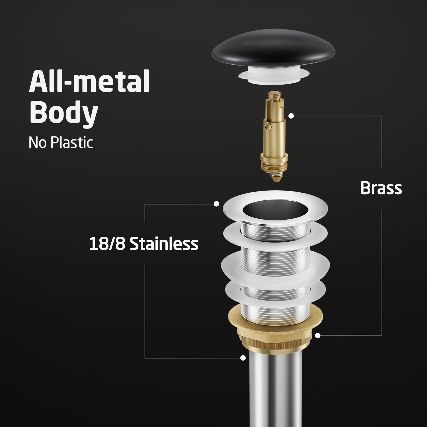 KES Solid Ceramic Cap Bathroom Sink Drain Without Overflow, Pop Up Drain for Bathroom Sink, Ceramic Bathroom Sink Stopper, All-Metal Body Matte Black, S2008D-CB