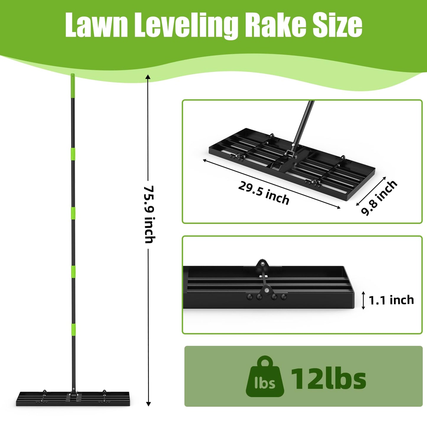 GARDTECH 30×10 Anti-Flip Lawn Leveling Rake,76” Adjustable Handle
