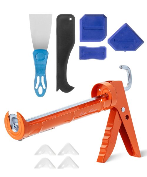 Bates Choice Caulk Gun Kit, 10:1 Thrust Ratio, Dripless Caulking Gun, Caulk Remover Tool, 2 Inch Stainless Steel Putty Knife Scraper, Finishing, Smoothing & Grout Removal Tool, Caulking Tool Kit