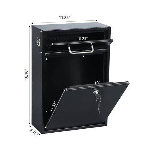 xydled Metal Mailbox Wall Mount, Large Locking Mailbox with Key Lock, Hanging Secure Postbox, Security Key Drop Box, Collection Boxes, Black, 17.6H x 12.2L x 5.7W Inches, XL Large