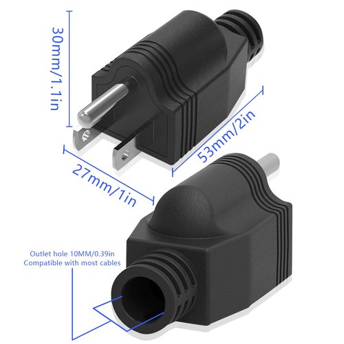 Replacement Plug 3 Prong NEMA 5-15P Power Adapter Replacement Plug, Straight Blade Connector for Extension Cord, Neutral Ground Bonding, 3-Pin 15A 125V (Male 2Pcs, Black)
