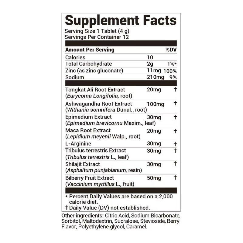 DrBioCare Peak Mode Core Vitality for Men 7-in-1 Effervescent Tablets | Tongkat Ali, Maca & L-Arginine，Ashwagandha, | Boost Stamina, Drive & Blood Flow for Good Performance | Berry Flavor 12 Tablets