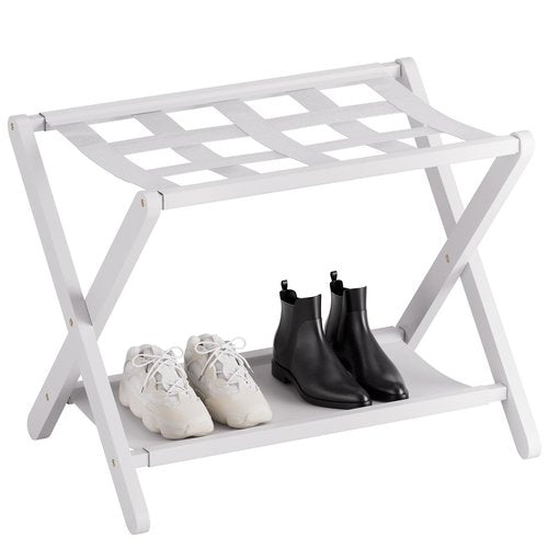 HITNET White Luggage Rack, Folding Suitcase Stand, Bamboo Luggage Holder with Storage for Guest Room Bedroom Hotel