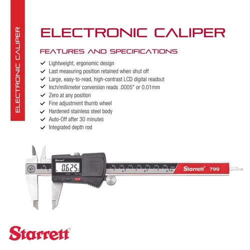 Starrett Electronic Caliper with SLC, Hardened Stainless Steel Body and Integrated Depth Rod - Turns Off Automatically, 0-6" Range, .0005" Resolution - EC799A-6/150 W/SLC