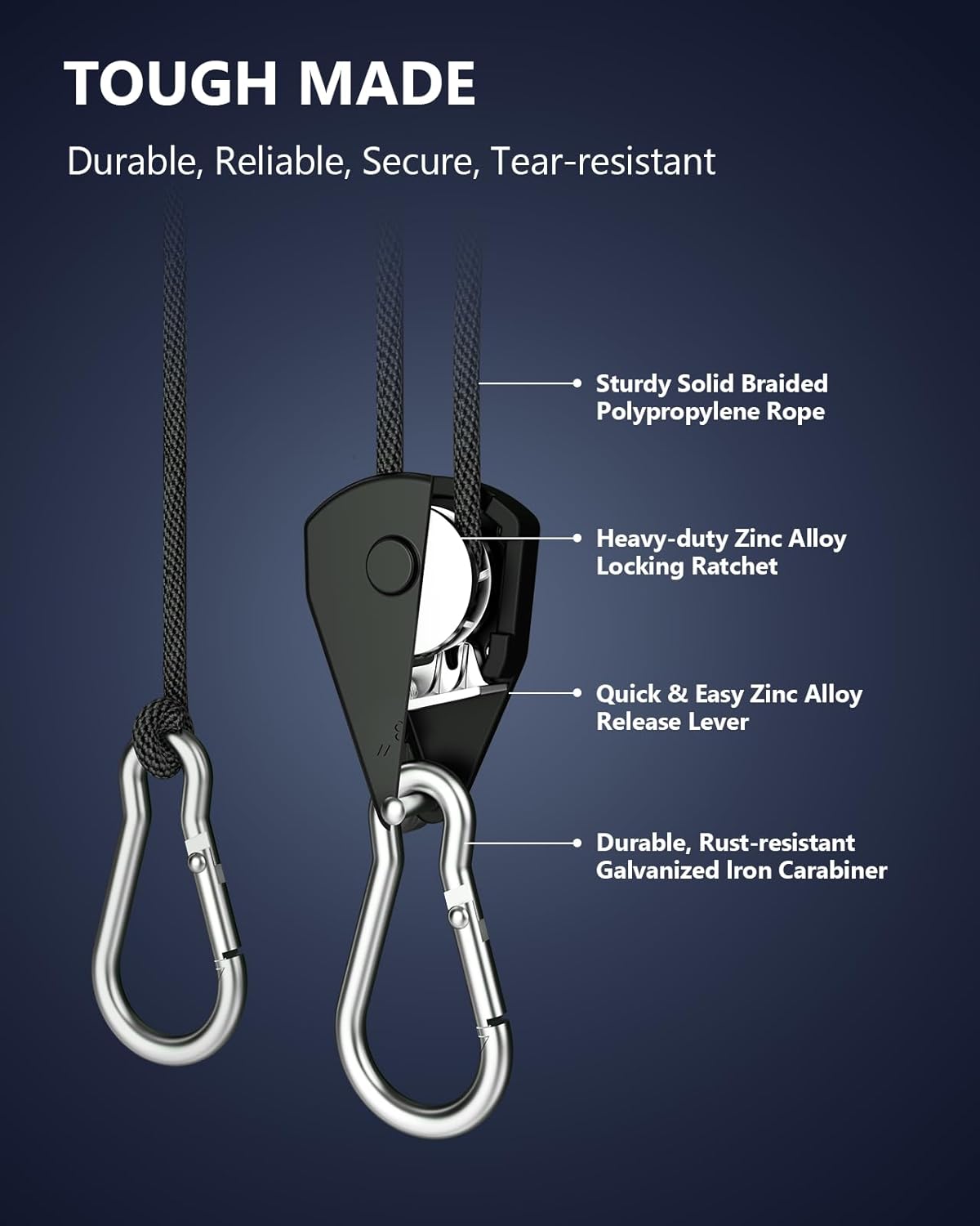 VIPARSPECTRA Retractable Heavy Duty Ratchet Tie Down Straps [4 Pack, 8ft, 75lbs/Pack], Rope Pulley System Rollers with Carabiner Hook for Kayak/Hanging Plants/Grow Light/Tents Various Tie-Down Uses