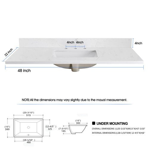 LOCALAND 48 Inch Vanity Sink Top, Engineered Stone Composite Vanity Top with Sink, Vanity Top with Rectangular Ceramic Sink in Ariston White, with 8 Inch Widespread Faucet Hole and Backsplash
