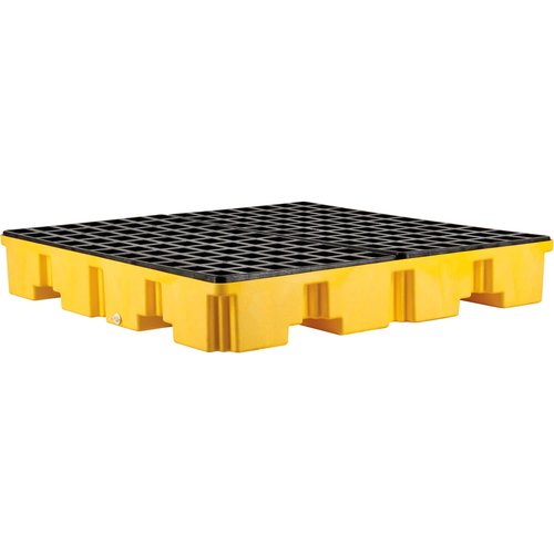 Global Industrial 4 Drum Low Profile Spill Containment Pallet with Drain, 4-Way Forklift Pockets, 65 Gallon Capacity, 8000 Lbs Capacity, 51.5"W x 51.5"D x 8"H, Yellow