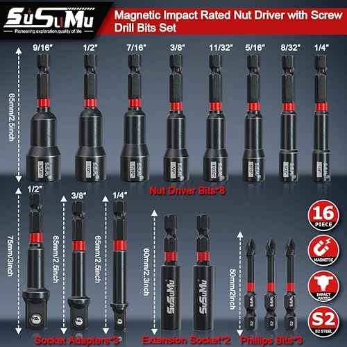 16PCS Impact Rated Magnetic Nut Driver Set with Socket Adapter Set and Phillips Screwdriver Drill Bits, Extension Bit Holder,1/4" Quick Change Hex Shank for Cordless Impact Wrench Drive Nuts Or Bolts