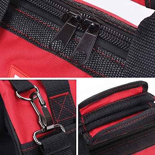 FASTPRO 14-Inch Zip-top Wide Mouth Open Storage Tool Bag, Classic Black&Red Design, Fashionable Design, 600D Polyester Fabric Material for Quality Endurance, With Adjustable Shoulder Strap