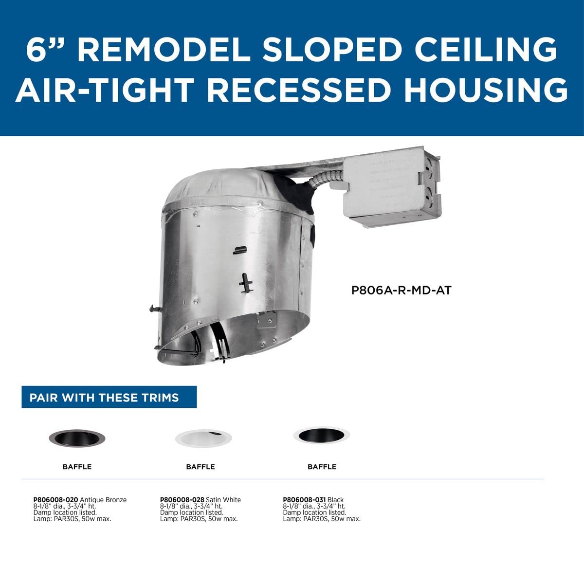 Progress Lighting P806A-R-MD-AT 6" Recessed Slope Ceiling Remodel Non-IC Housing 6" Trim
