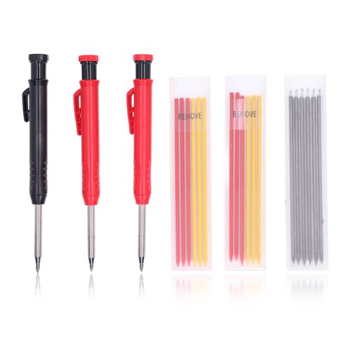 Solid Carpenter Pencil Set with Refill, Long Nosed Deep Hole Marker for Construction, Heavy Duty Woodworking Pencils