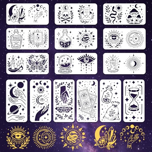 INFUNLY 15Pcs Magic Divination Wall Stencil for Painting 3.9¡¿7.87" Reusable Wall Stencils Dream Theme Painting Stencil Small Vintage Walls Template for Crafts Cement Wood Furniture Bedroom Home Decor