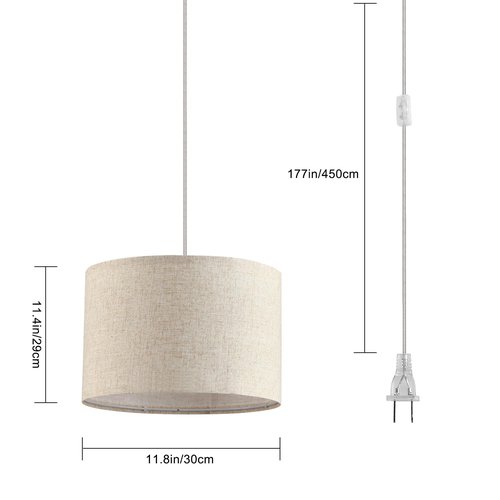 IHENGYANLT 2 Pack Plug in Pendant Light, Hanging Light with 15Ft Clear Cord, On/Off Switch, Beige Linen Fabric Lamp Shade, Hanging Light Fixture for Bedroom, Kitchen, Living Room, Dining Table