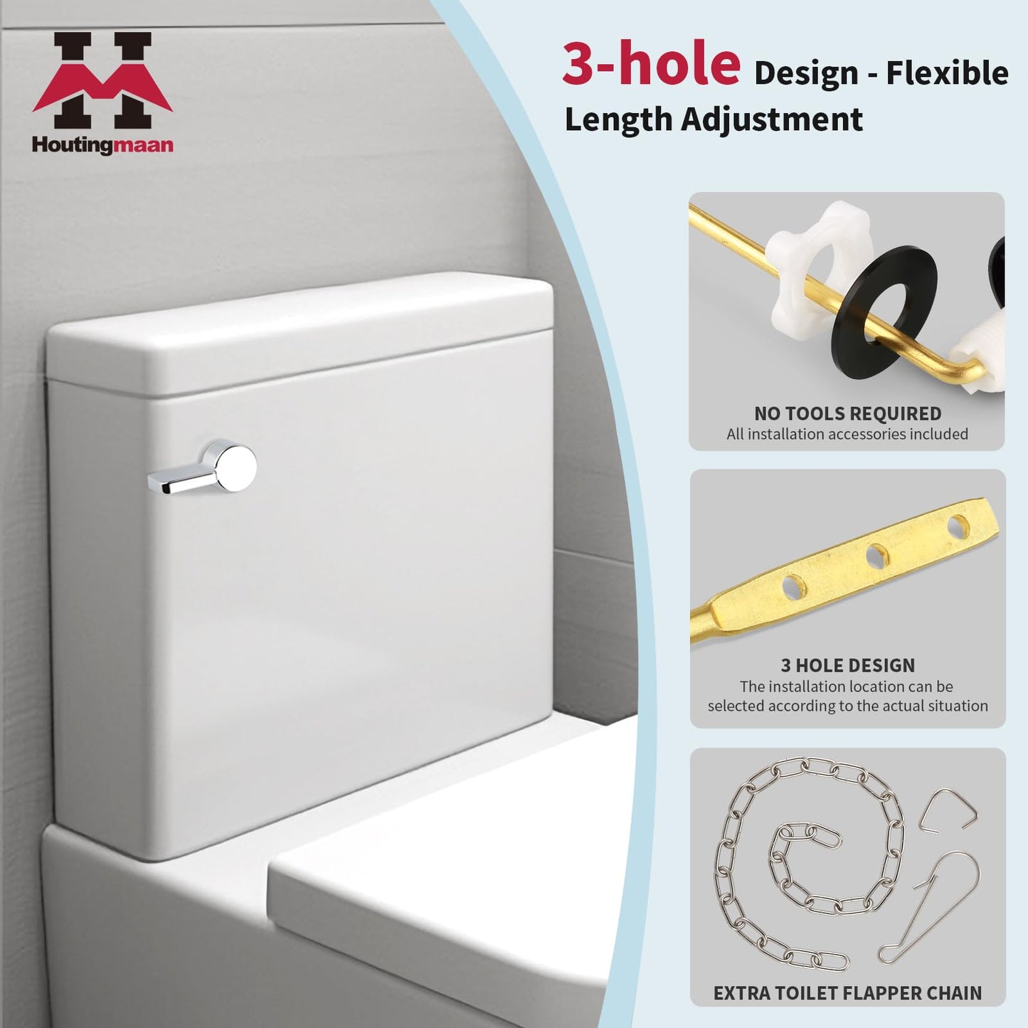 Houtingmaan Toilet Handle Replacement Kit,Toilet Handle Lever for Most Front Mount Toilets, Universal Brass Toliet Flush Handle Lever with Stainless Steel Flapper Chain,Chrome