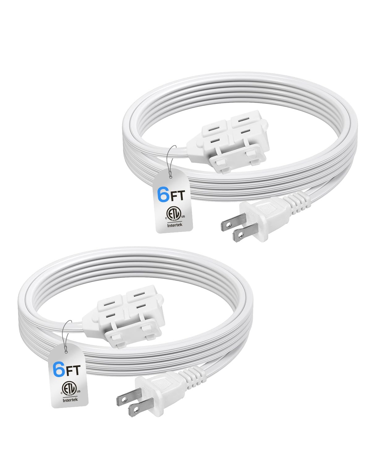 BN-LINK 6 ft 3 Outlet Indoor Extension Cord 16/2 SPT-2, 2 Pack White, 2 Prong Polarized Plug, Household Power Cord for Home, Office, and Holiday Decorations