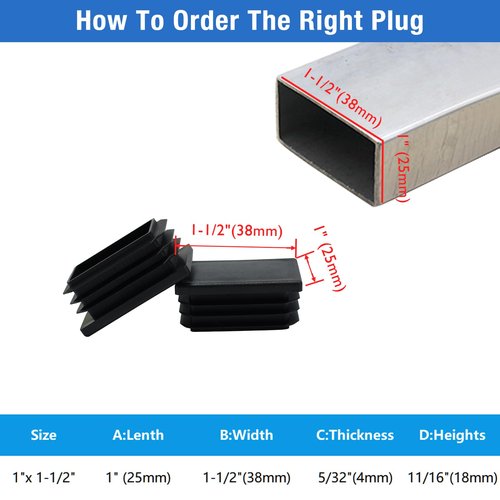 4 Pack 1" x 1-1/2" Rectangular Tube End Cap Plastic Plugs, Rectangular Tubing Plug Inserts for Metal Tubing, Fences, Glide Protection from Chair Legs and Furniture, Durable Plastic Hole Plugs, Black