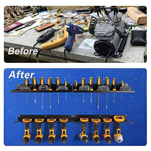 Power Tool Organizer with Charging Station, Drill Holder, Wall Mount, Garage Storage Shelves, Heavy Duty Pegboard Wall Organizer Set, Solid Metal, Black, 2 Pack, 4 Set