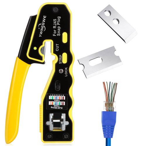 RJ45 Crimp Tool Kit Pass Through Crimper Stripper Cutter All-in-One Ethernet Crimper Tool for Cat5e Cat6 Cat6a 8P8C Pass Through Modular Plugs With 2 Replacement Blades