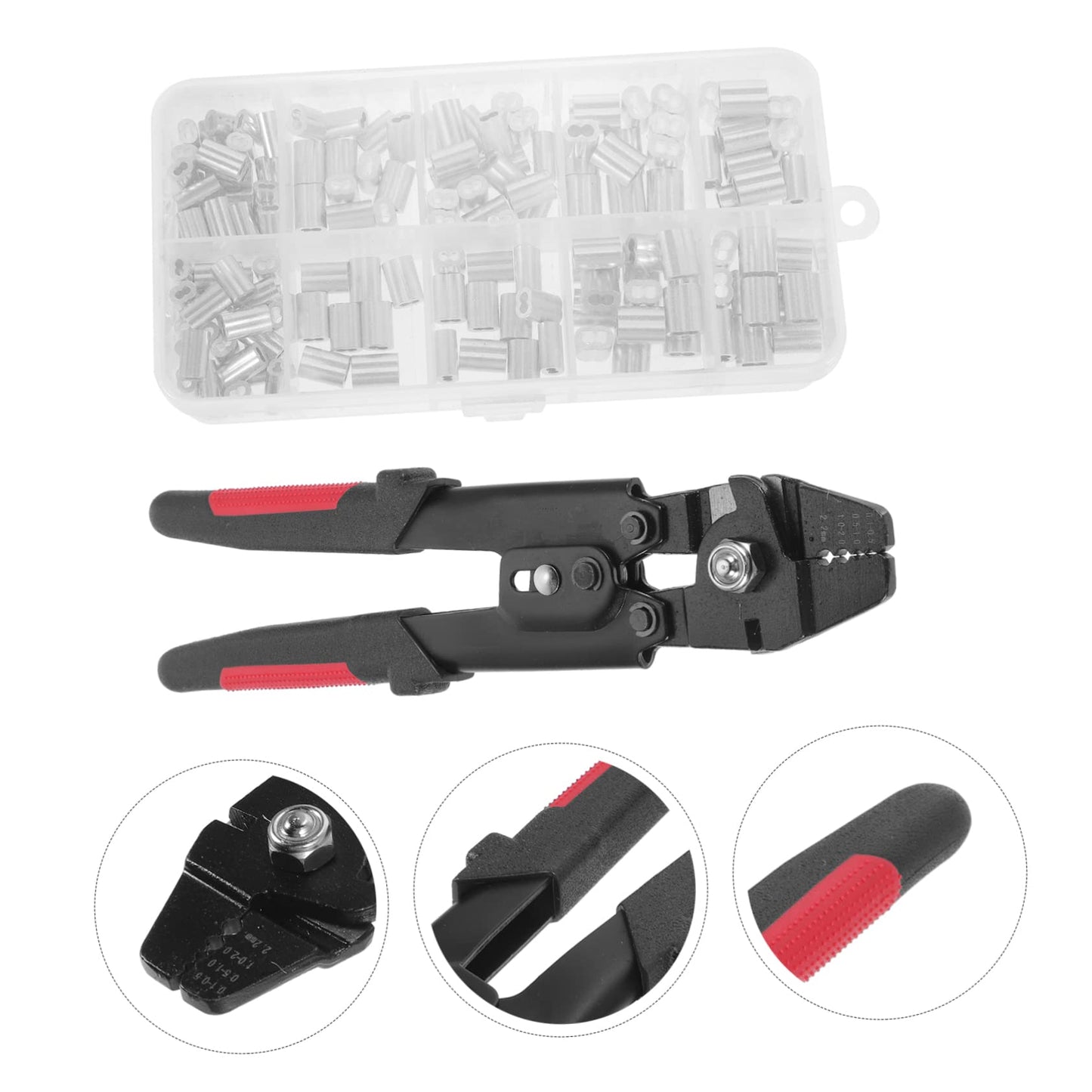 BELLIFFY 1 Set Ferrule Crimping Tool Kit with Wire Rope Cutter Non Slip Handle Self Locking Mechanism Ferrules for Fishing Outdoor and Projects