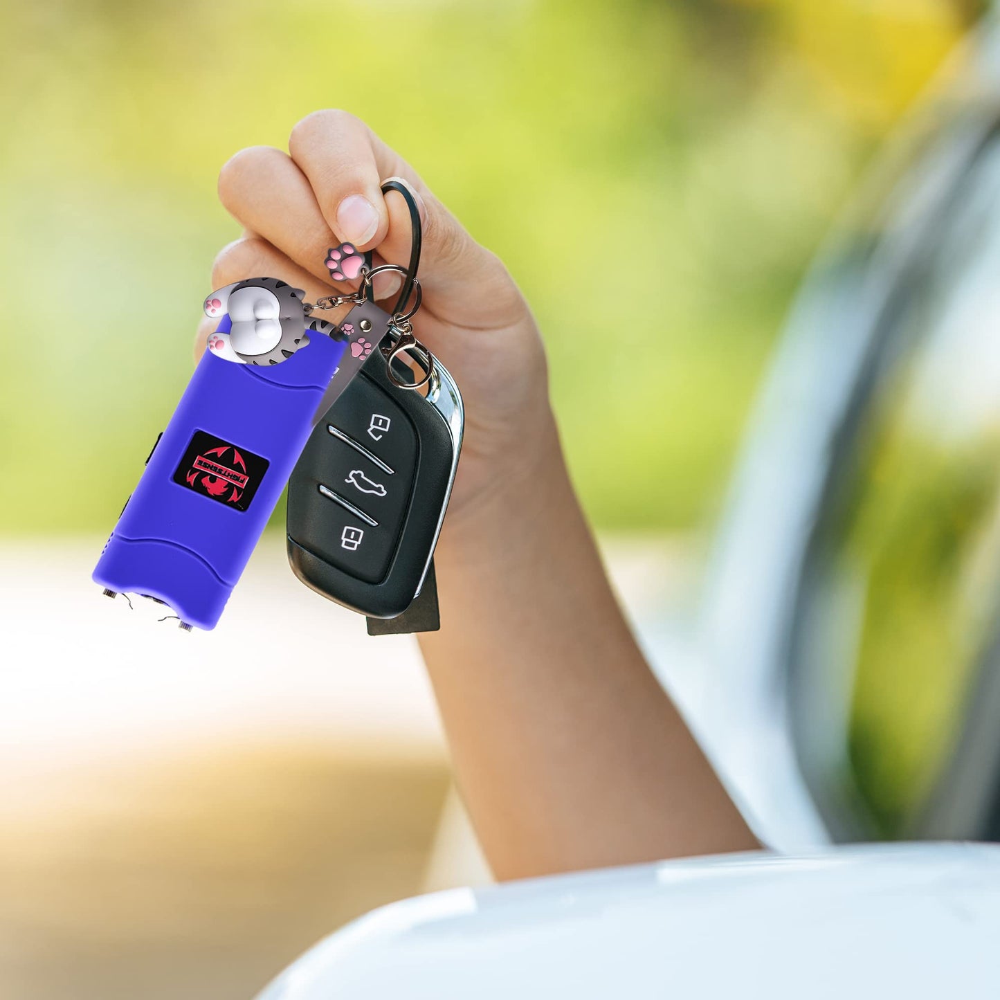 FIGHTSENSE Super Heavy Duty Keychain Stun Gun with Flashlight for Men and Women self Defense Device, Rechargeable Stun Gun, Nylon Holsters (Purple)