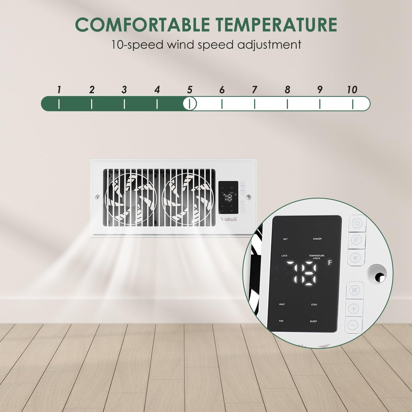 VallisCo Register Booster Fan 4"x10", 10-Speed Quiet Vent Fan with Negative Ion, Thermostat & Remote, Enhances and Improves Heating & Cooling Efficiency, Air Vent Booster for Home Room Comfort, White