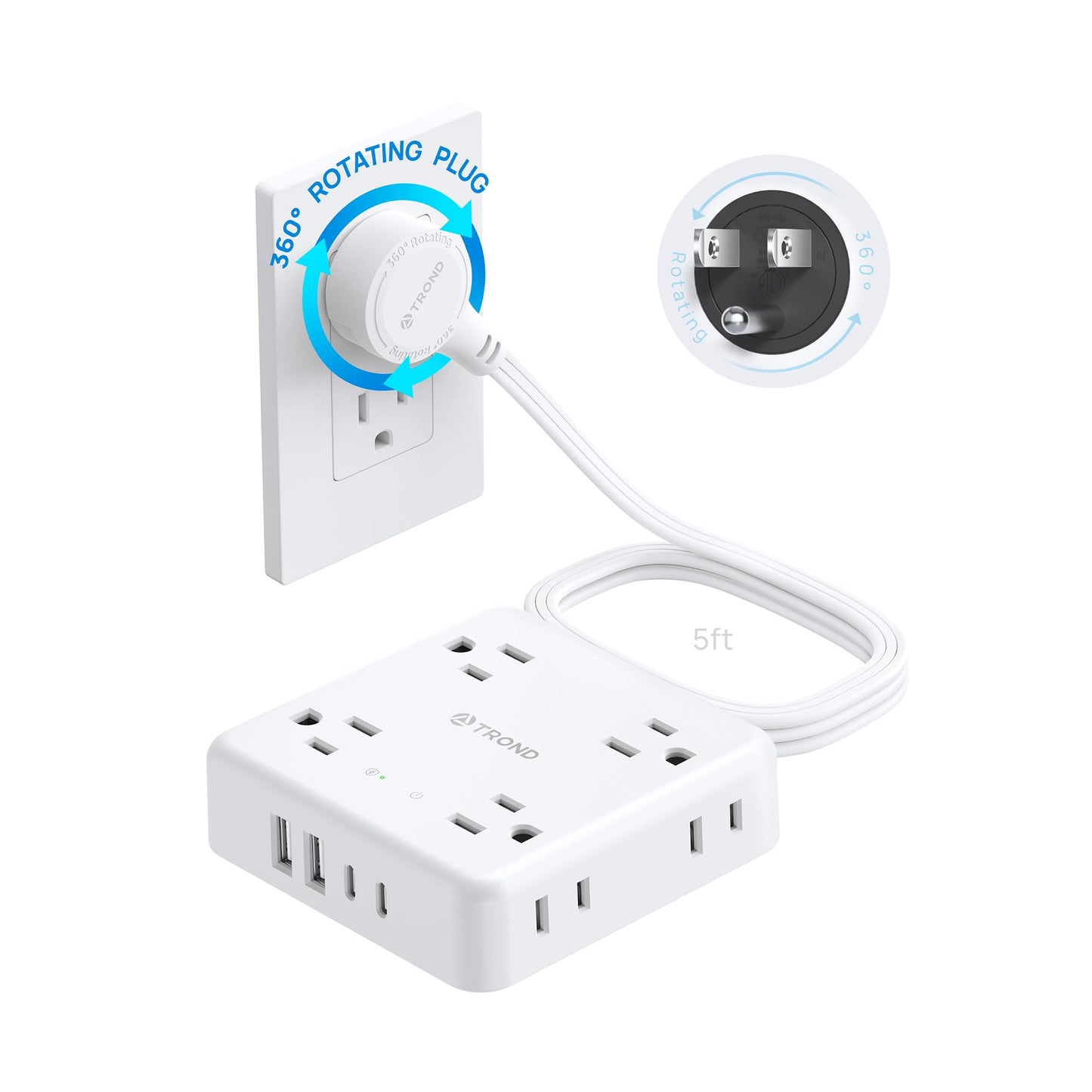 TROND 360° Rotating Plug Power Strip, 5FT Flat Extension Cord with Multiple Outlets 4 USB (2 USB C), Wall Mount Surge Protector 1440 Joules for Home Office Travel Dorm Room Essentials, White