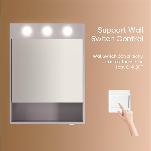 HAUSCHEN HOME 32x24 inch LED Medicine Cabinet Lighted Bathroom Mirror, Stepless Dimmable, 3000K/5500K Color Temperature Wall Mounted Makeup Mirror, Adjustable Shelf (Grey/Assembly Required)