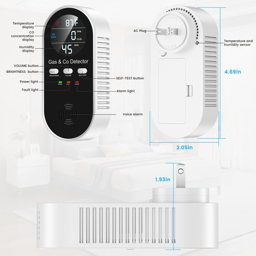 5 in 1 Carbon Monoxide Detectors Plug in with Temperature Humidity Sensor Built-in, CO Level Monitor Alarm with Clear LCD Display Sound & Light Warning for Home/Hotel
