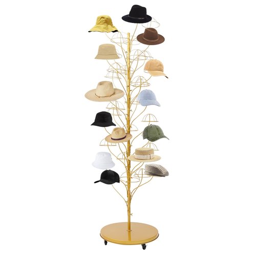 Fifizoo 35-hanger Metal Hat Rack, Retail Freestanding Hat Wig Display Stand, Floor-Standing Holder Stand for Hat Wig, Commercial Large Hats Organizer Cap Hanger (Gold)