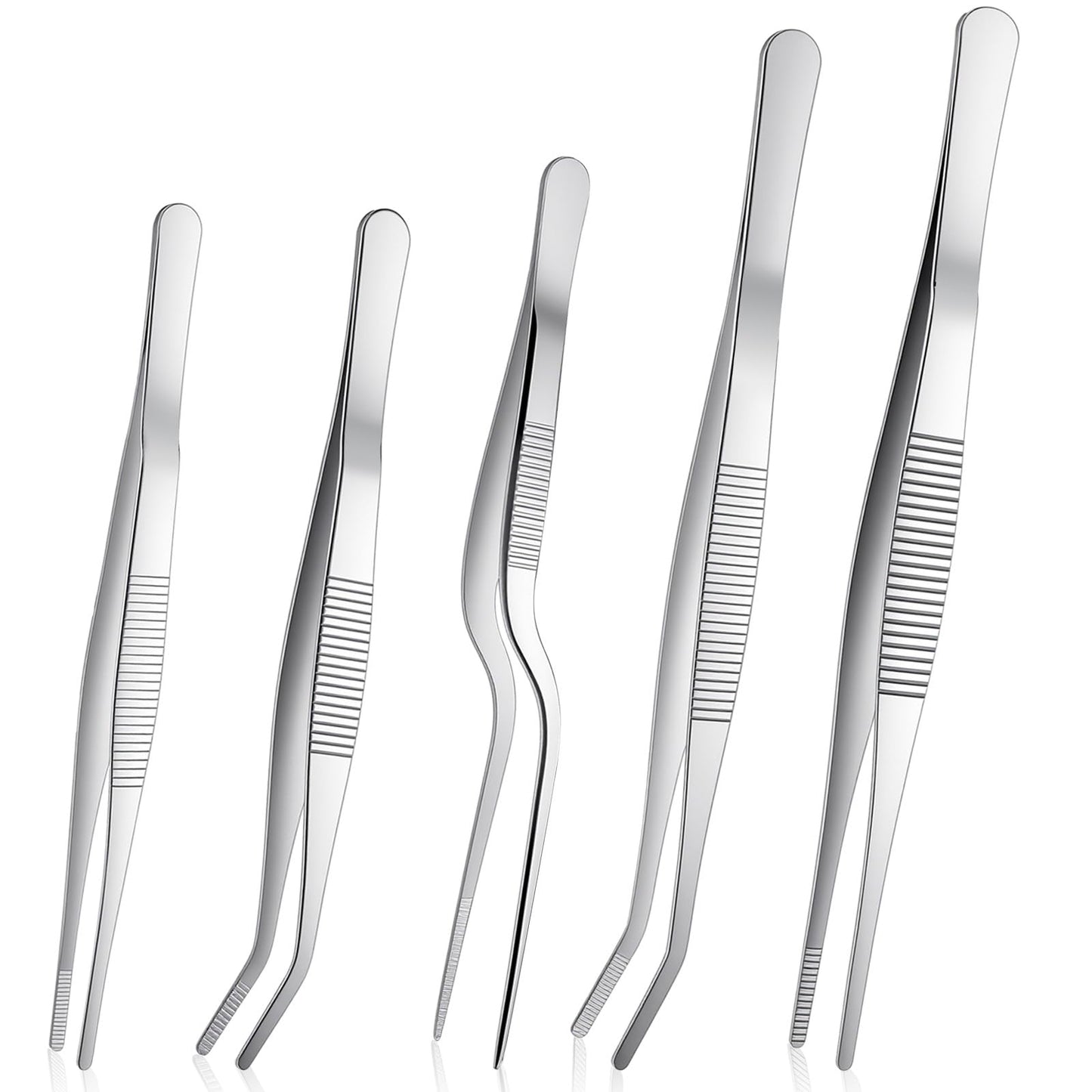 Stainless Steel Tweezers Set, 5Pcs Food Tweezers Precision Tweezer for Cooking Repairing Jewelry-Making DIY Craft Baking Cake Decoration Small Gardening (Silver)