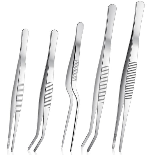 Stainless Steel Tweezers Set, 5Pcs Food Tweezers Precision Tweezer for Cooking Repairing Jewelry-Making DIY Craft Baking Cake Decoration Small Gardening (Silver)