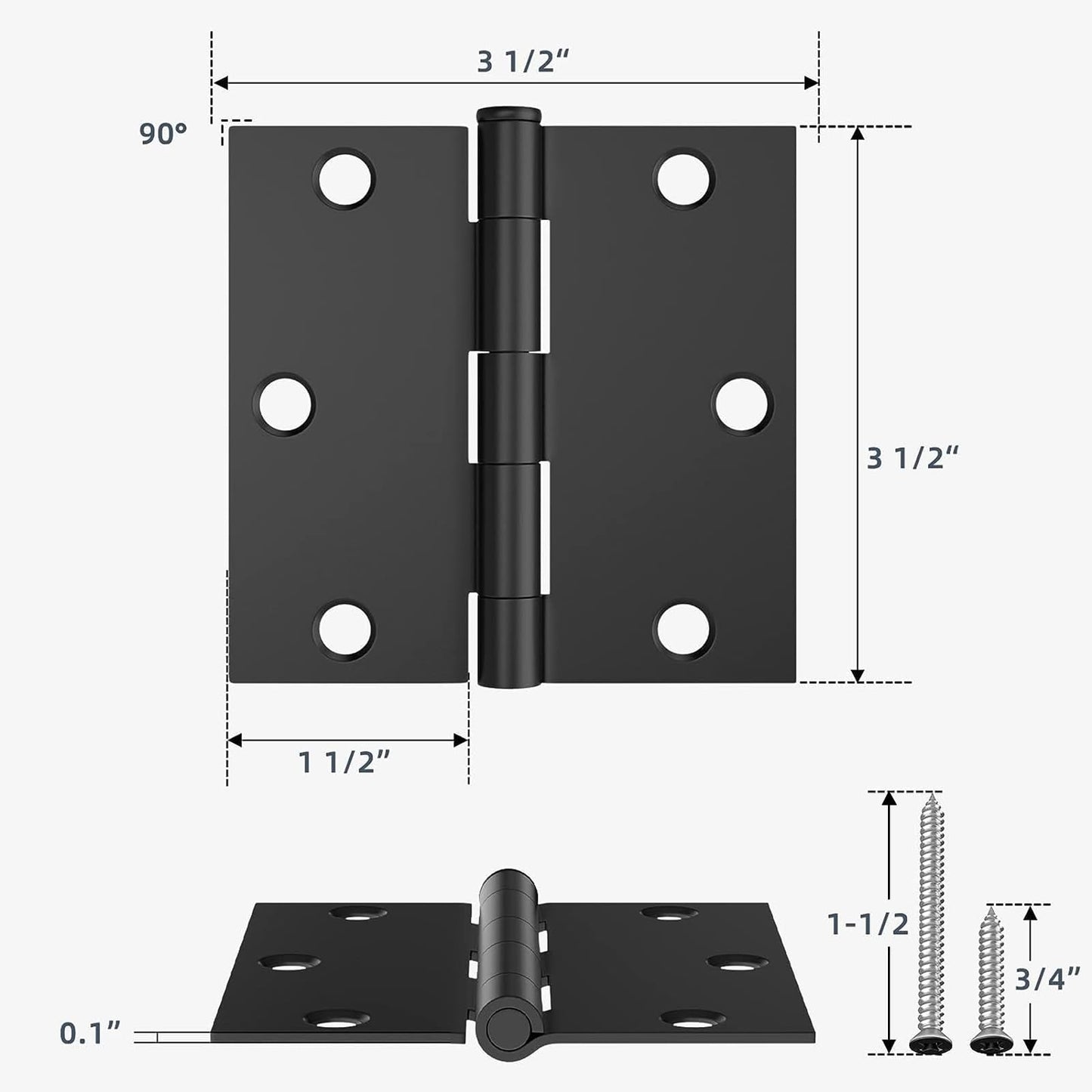 HOSOM 6 Pack Black Door Hinges 3.5 Inch with Square Corner, Matte Black Interior Door Hinge for Bedroom, Bathroom, Cabinet, and More