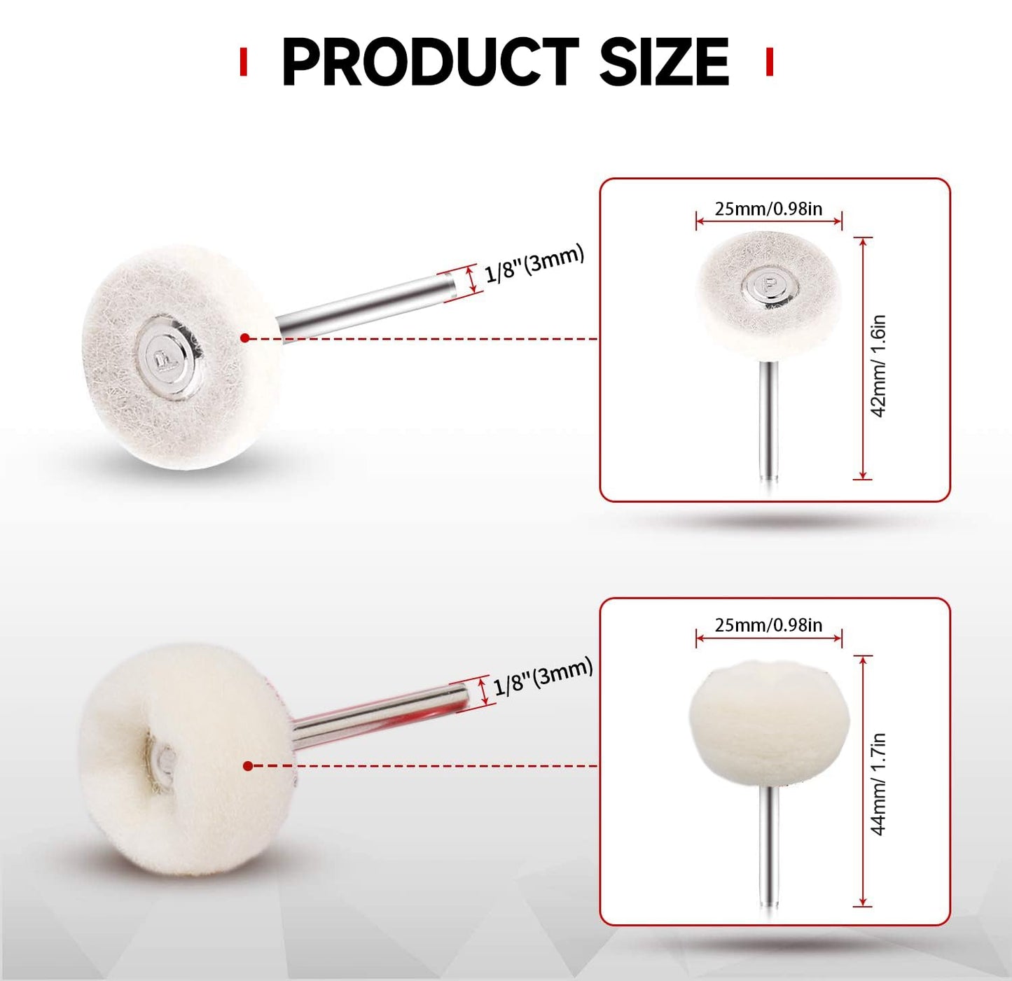 Shineboc 50 PCS 1 Inch Wool Felt Polishing Accessory Kits, 25 Each Spherical/Flat Buffing Wheels for Proxxon Dremel Rotary Tool - 1/8" Shank, Ideal for Wood Metal Jewelry and Glass Polishing