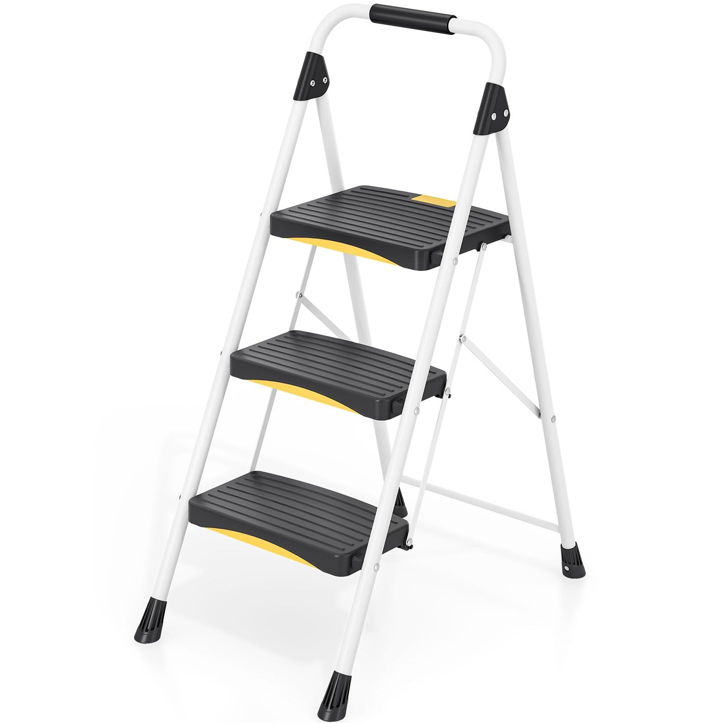 Urackify 3 Step Ladder, Folding Steel Step Stool with Safety Lock, Anti-Slip Wide Pedals, Pass 800lbs Load Testing, Handrail, Heavy Duty Portable Ladder for Multi-Purpose, Indoor, Office, Kitchen