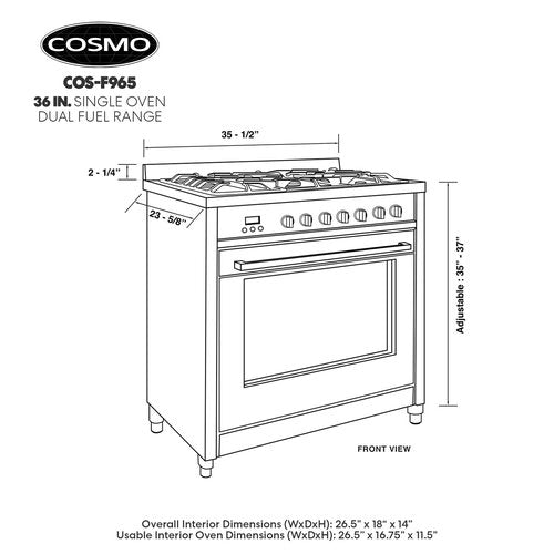 COSMO F965 36 in. Stellar Collection 3.8 cu. ft. Dual Fuel Range, 5 Sealed Burners, 8 Function Convection Oven in Stainless Steel