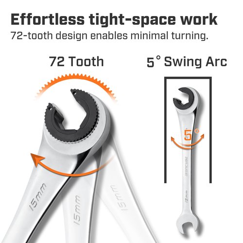 ironcube Brake Line Wrench Set: Metric 10-17mm - Ratcheting Open-end for Nuts on Fuel, Brake or Air Conditioning Lines