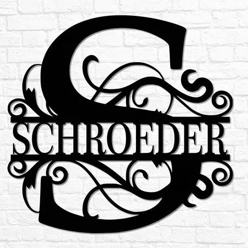 Personalized Family Name Sign, Custom Ornate Monogram Letter with First Last Name Split Letter Name Sign - Metal Wall Art Home Decor