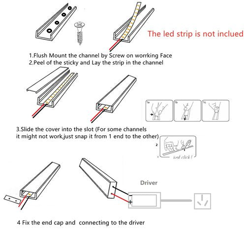 5-Pack Pre-Drilled Countersunk Hole 3.3FT/100CM LED Strip U Channel Diffuser, Hacksaw Easy Cut Flush Mounted Under Cabinet Tape Light Aluminum Track Low Profile with Mounting Spares