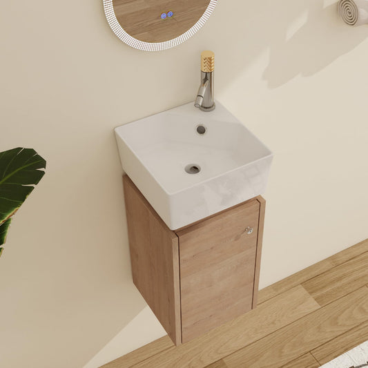 Malwee 12 Inch Wall-Hung Vanity, Corner Vanity, 12'' Floating Bathroom Vanity with Sink, with 1 Door and White Ceramic Basin Sink Top (045-12)