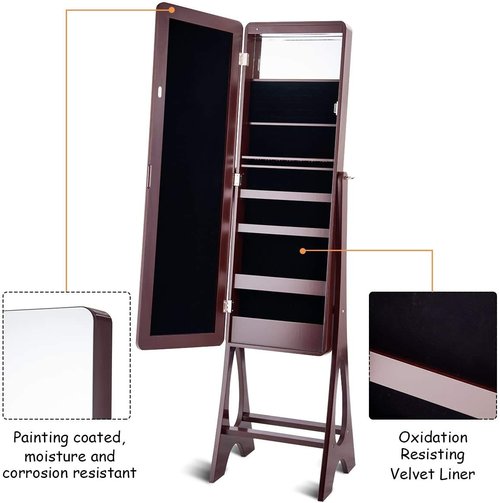 LED Mirrored Jewelry Cabinet Organizer, Wooden Bedroom Bathroom Floor Mirror Stand, Ring Slots, Lipstick Holders, Full-Length Mirror, Jewelry Cabinet Storage with Inner Mirror & 4 Storage Shelves