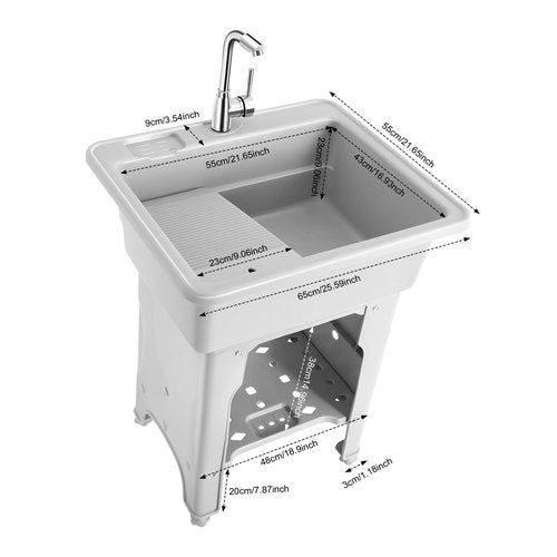 Freestanding Plastic Laundry Sink with Washboard for Hand Washing Clothes, Washing Room Laundry Tub Sink w/Faucet and Drain Kit for Basement Garage Laundry Room (Gray, 21.65"D x 25.59"W x 31.5"H)