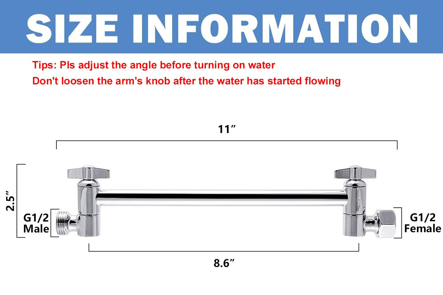 NearMoon Adjustable Shower Arm Universal Connection, Extension Arm, Adjust Angle to Upgrade Shower Experience, Easy to Install, Anti-leak (11 Inch, Chrome Finish)
