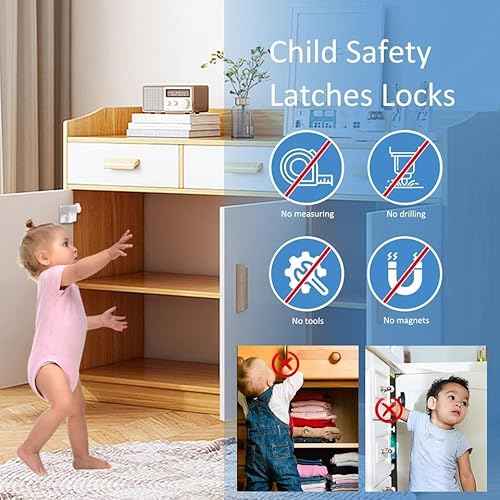 Invisible Baby Proofing Cabinet Latch Locks, 10 Pack, No Drilling or Tools Required, Works with Most Cabinets and Drawers, Countertop Overhangs, Highly Secure