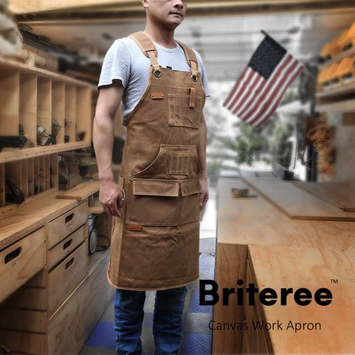 BRITEREE Woodworking Apron for Men, Gifts for Men Dad Father, with 9 Tool Pockets, Durable Waxed Canvas Work Apron for Woodworkers Carpenters Blacksmiths (Brown -Waxed Canvas Apron)