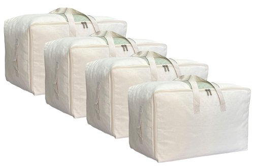 DoYiKe Soft Large Canvas Storage Bags with Zipper and Clear Window, Cotton Linen Storage Organizer for Pillows, Quilt, Blankets and Comforter, 80L, 4 Pack, Beige