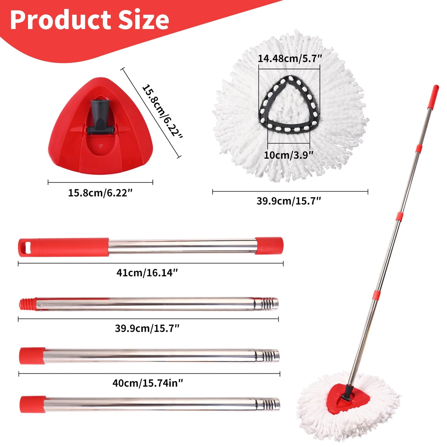 Jikefa Mop Replacement Heads, Handle, Base Compatible with O Cedar EasyWring 1-Tank Spin Mop System, 2 Microfiber Mop Head Refills, 4-Section Iron Handle 30-58in and 1 Spin Base Cover Set