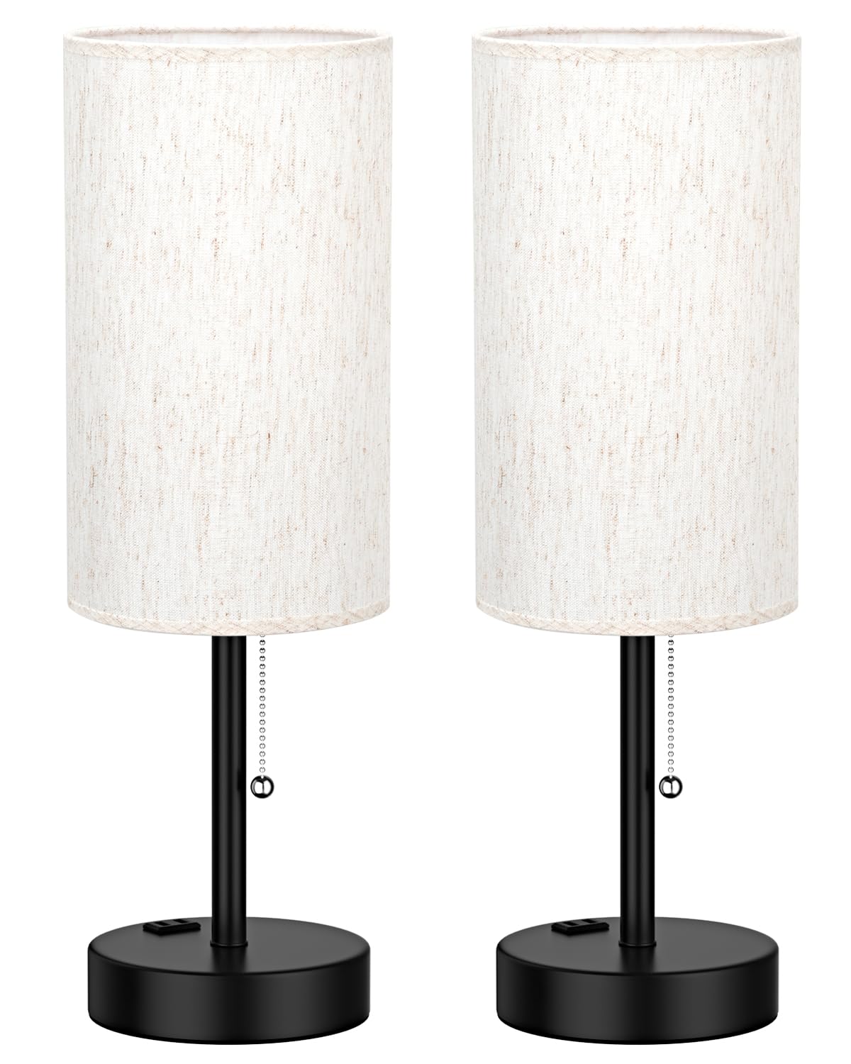 17.4" Large Bedside Table Lamps Set of 2 - 3 Color Temperatures Pull Chain Lamp with AC Outlet Charging Port, Round Night Stand Lamps for Bedroom Guest Room Office, Bed Side Light with E26 LED Bulbs